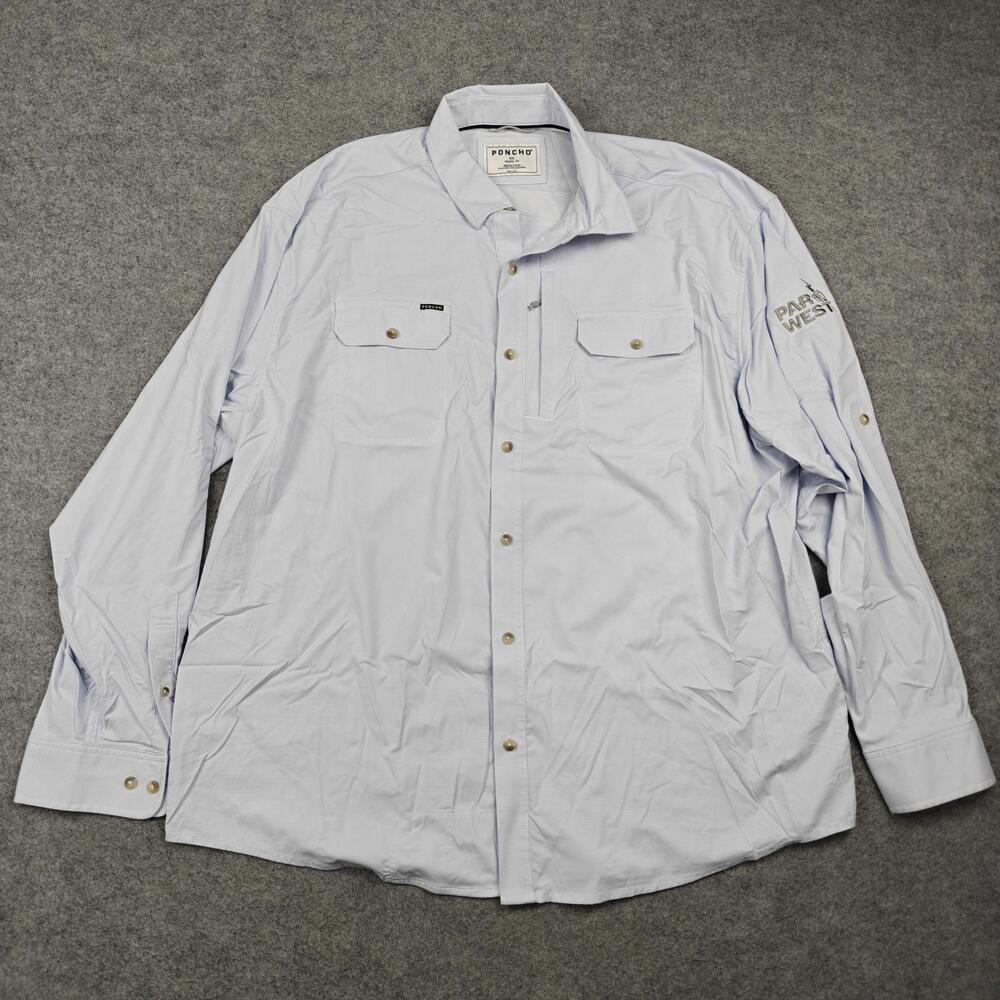 PONCHO Shirt Mens 2XL Blue Check Nylon Spandex Long Sleeve Button-Up Pockets